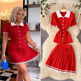 Fongt Style POLO Collar Short-Sleeved Top + High-Waisted 100-Folded Skirt Knitted Two-Piece Suit Woman