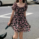 Women's Summer Dress, Puff Short Sleeve Square Neck High Waist A-Line Mini Sweet
