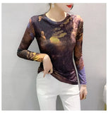 Autumn Winter Double-Layer Mesh T-shirt Female Printing Positioning Flower Long Sleeved Round Neck Slim Top FF0923-Outfit