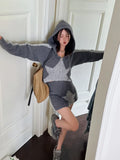 Vintage Women Knitted Set Zip Up Cropped Cardigan Autumn Star Sweater Jackets Hooded Knitted Skirts Casual Two Pieces Sets-Outfit