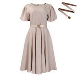 Fongt Women's 2025 Summer Fashion Bubble Sleeve Elegant High- Waist Solid Colored Round Dress African Dress