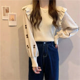 Women's O Neck Lantern Sleeve Spliced Sweater Korean Sweet Casual Knit Tops Bow Printed Pullover Soft Slim Knitwear