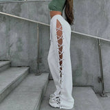 2023 street all-match slim-fit side slit straps hollow wide-leg pants Y2K women's clothing Vestidos-Outfit