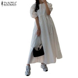 Women Dresses ZANZEA 2022 Summer Patchwork Maxi Vestidos Casual Solid Puff Sleeve Sundress Ladies Loose