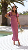 Fongt New Women's Temperament Solid Pink Heart Collar Short Sleeves Long Dress Dress Woman