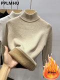 Thicken Turtleneck Bottomed Sweaters Women's Oversized 4xl Plus Velvet Warm Knit Pullover Khaki/white Slim Sweater