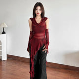 Fongt New Halloween Cos Red Collar Hooded T-Shirt Women's Lotus Side Irregular Sleeves Thin Top