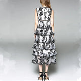 New Summer Fashion Leaf Embroidery Layered Ruffles Midi Long Dress Women Sleeveless Party Dresses Robe Female