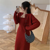 New Autumn O Neck Cardigan Short Knitted Sweaters Slim High Waist Spaghetti Strap Dress Temperament