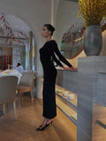 Fongt Sexy Elegant Dress Solid Color Long Sleeve Round Neck Wrap Hip Long Skirt Women's