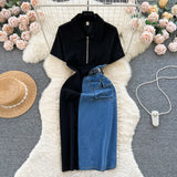 Fongt Port Style Retro Denim Dress Girl Design Bump Color Splicing In The Long Short-Sleeved Temperamental Dress