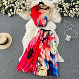 Blooming Printed Skirt Suit Women's New Thread Temperament Half-high Collar Top + Pleated Skirt Two-piece Set-Outfit