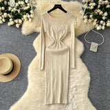Fongt Sexy Pit Strips Body-Body-Groom Knitted Dress Autumn Solid-Colored Bottom Skirt One-Step Dress Woman