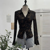Real Shooting 2025 Spring And Summer New Tie Dye Mesh Elastic Temperament Clasp Tsets Single-Dear Horn Sleeve Shirt