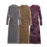 Fongt Women's Clothing 2025 Spring New Printing Mesh Collar Long Sleeve Folded Long Dress