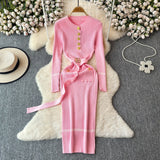 Fongt Fragrant High-End Autumn And Winter Round Collar With Thick Knitted Dress With Belts And Hips Skirt Sweater