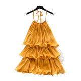 Fongt Dress Women 2025 Summer French Atmosphere With A Sense Of Hanging Neck Sling Lotus Side Splicing Cake Holiday Skirt