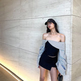 Fongt Women's Clothing 2025 Summer New Fashion Stripe Bumped A Word Shoulder-To-Shoulder Repair Slim Thin Long-Sleeved Top Lady