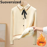 Women's Plus Velvet Thicken Polo Collar Knitted Sweaters Winter Korean Sweet Casual Pullover Sueter Warm Slim Crochet