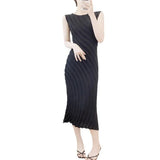 Fongt Three House Folded Annual Round Sleeveless Dress Unique Corrugated Texture Fashion Sense Lazy And Relaxed Wear