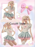 Style Kawaii 2 Piece Sets Women Casual Cute Crop Tops Blouse + Slim Bodycon Mini Cake Skirt Fashion Chic 2024 New-Outfit