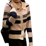Fongt Autumn Winter New Korean Version Bump Color Lapel Stripe Sweater Female Loose And Sweet Reduce Age Gentle Wind Knit Cardigan-Outfit