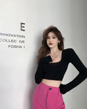 Fongt Girl Square Collar Long-Sleeved T-Shirt Female Autumn 2023 New White Strap Short Back Slim Bottom