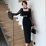 Fongt Autumn Temperament New Lace Open-Shirt Jacket Top + Sling Bottom Dress Two-Piece