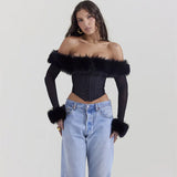 Fongt Women's Winter 2023 New Sexy Maomao One-Line Collar Off-Shoulder Gauze Long Sleeve Irregular