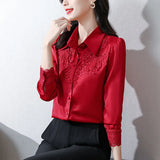 Fongt Spring 2023 New Shirt High-End Satin Stitching Lace Long-Sleeved Shirt-Outfit