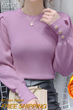 Autumn Round Neck Puff Sleeve Chic Knitted Pullovers for Women Elegant Fashion Button Sweaters Bottoming Shirt Korean