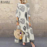 Autumn 3/4 Sleeve Polka Dot Printed Long Dress Vintage Women's Cotton Linen Dresses Female Kaftan Vestido Femme