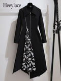 Women Long Sleeve Spring Dresses Korean Casual Turn Down Collar Print Patchwork Irregular Zipper High Waist