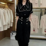 Lady Solid Color Matching Sets Stylish Bright Line Decoration Casual Polo-Neck Single-breasted Summer Elastic Pant Sets-Outfit