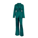 Fongt Women's Casual Lazy Set French Feather Long Sleeve Lace Satin 2-Piece Set-Outfit