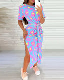 Fongt Round Neck Short Sleeve Slit A-Line Dress Tie Print Women's