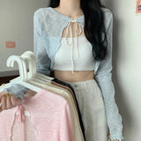 Short Cardigan Women Long Sleeve Thin Open Stitch Knitted Sweater Shirts Female Solid Shawl-Outfit