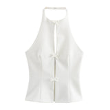 Fongt New Hanging Neck Bows Decorated Solid Color Top 4772009