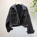 Autumn Women Harajuku Red Denim Jacket Coat Hand Beaded Short Black Jean Jackets Students Basic Coats Jaquetas