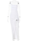 One Shoulder Split Maxi Dress Spaghetti Strap Pleated Bodycon Dress Elegant Party Wedding Evening Dresses for Women