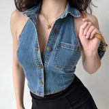 New Retro Sexy Style Tight-fitting Thin Casual Denim Vest Women's Solid Color Lapel Short Tank