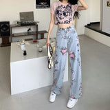 Fongt And Autumn Sweet And Spicy Girl Rose Print Jeans Women Design High Waist Straight Trousers Hanging Broad Leg Trousers