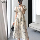 Women Fashion Vintage Casual Midi Print Dress Elegant Lady Vestdios Female A Line Party