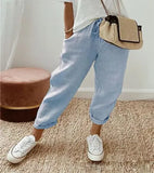 Fongt Women Cotton Tample Waist Nine Trousers Casual Women's Pants