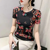 S-3XL Printed Floral Mesh T-Shirts Female O Neck Short Sleeve High Stretch Fashion Slim Tee Tshirts For Women FF6913-Outfit