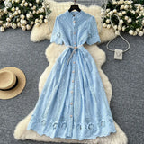 Fongt Summer Women's Dress Small High-End Embroidery Single Buckle Waist Elegant Knee Long Skirt