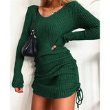 Fongt Knitted Sweater V Collar Long Sleeve Autumn And Winter Sexy Body Threaded Skirt Folding Drawstring Skirt