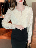 Sleeve Sweet Lace Blouse O Neck Women Femme Blusas White Button Loose Top Hollow Out Flower Lace Patchwork Shirt