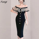 Han Queen Elegant Slash Neck Office Pencil Dress Women Korean Slim Single-breasted Sheath Dresses Work Bodycon Vestidos