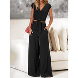 Fongt Women's Clothing 2025 New Summer V Tie With Open-Vum Wide Leg Trousers Casual Fashion Set